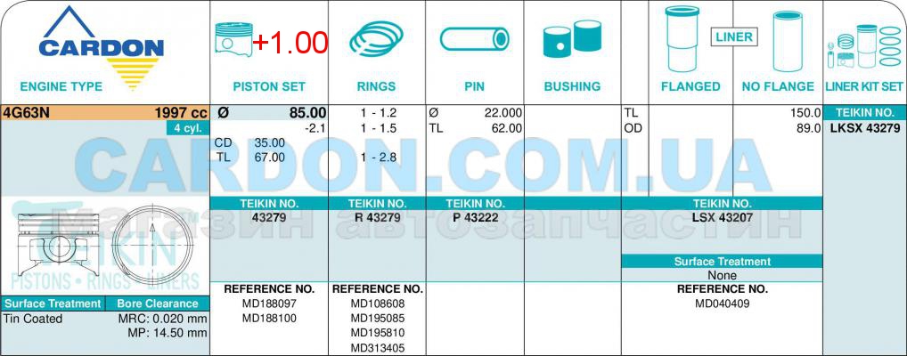   TEIKIN 85.00 mm + 1.00 = 86.00 mm (1.2 X 1.5 X 2.8) MITSUBISHI 4G63N -  2