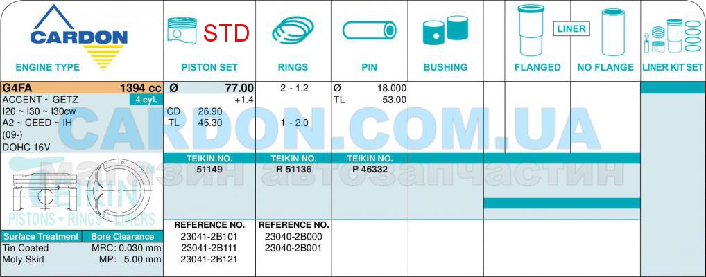   -    TEIKIN STD 77.00 mm (1.2-1.2-2.0) Hyundai G4FA -  3