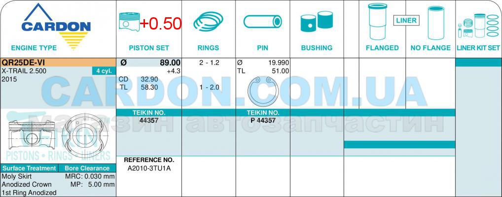   TEIKIN 89.00 mm + 0.50 = 89.50 mm (1.2 X 1.2 X 2.0) NISSSAN QR25DE-VI -  2