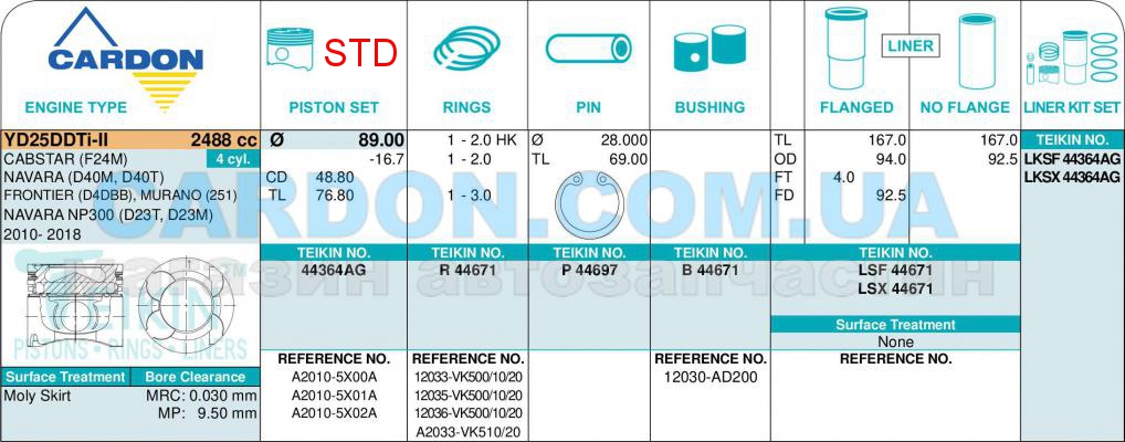  -    TEIKIN STD 89.00 mm (2.0-2.0-3.0) NISSAN 2.5 YD25DDTi-II ALFIN GALLERY -  2