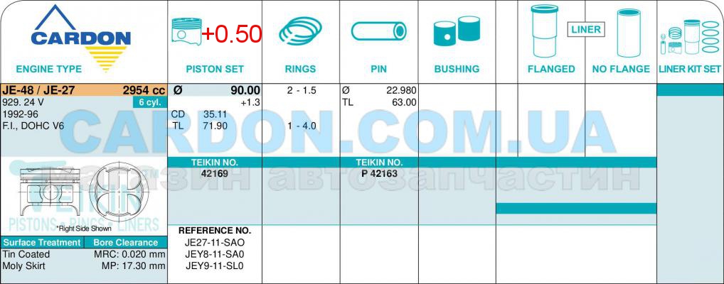   TEIKIN 90.00 mm + 0.50 = 90.50 mm (1.5-1.5-4.0) MAZDA 3.0 JE-48 / JE-27 -  3