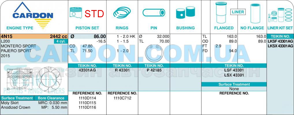   -    TEIKIN STD 86.00 mm (2.0-1.5-2.0) MITSUBISHI 2.5 4N15 ALFIN GALLERY -  2
