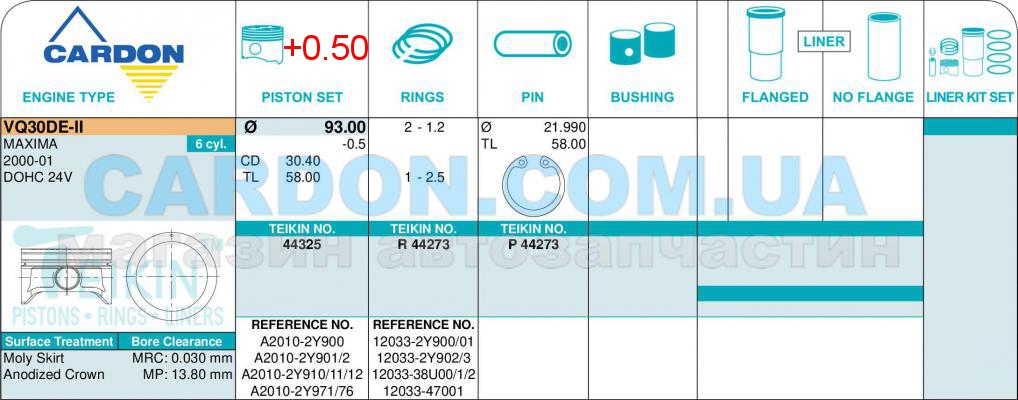   -    TEIKIN 93.00 mm + 0.50 = 93.50 mm (1.2-1.2-2.5) NISSAN 3.0 VQ30DE-II -  3