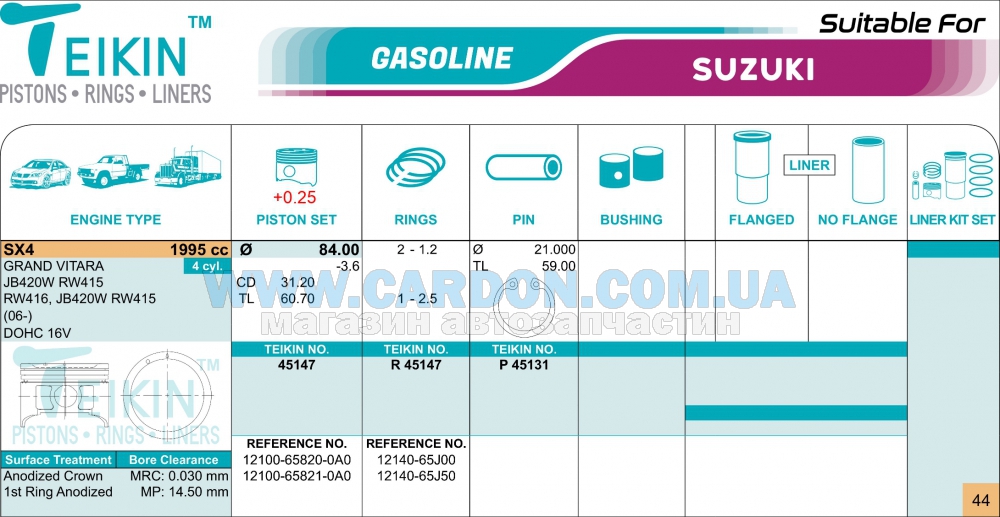 45147025 - ������ 84mm +0.25mm (�-�� �� �����) J20A Suzuki Grand Vitara/SX-4 TEIKIN