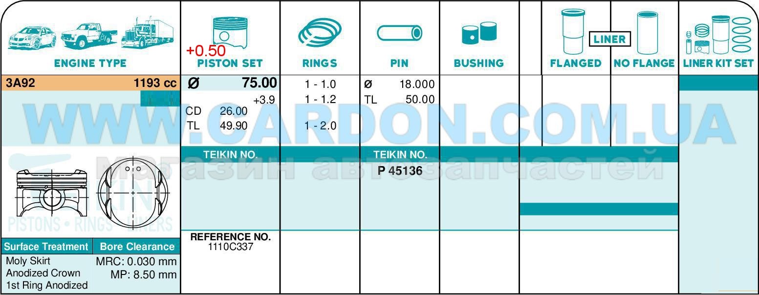 ,   TEIKIN 75.00mm + 0.50 = 75.50mm (1.0 X 1.2 X 2.0)  3A92, 4A92 Mitsubishi ASX 1.2 -  2