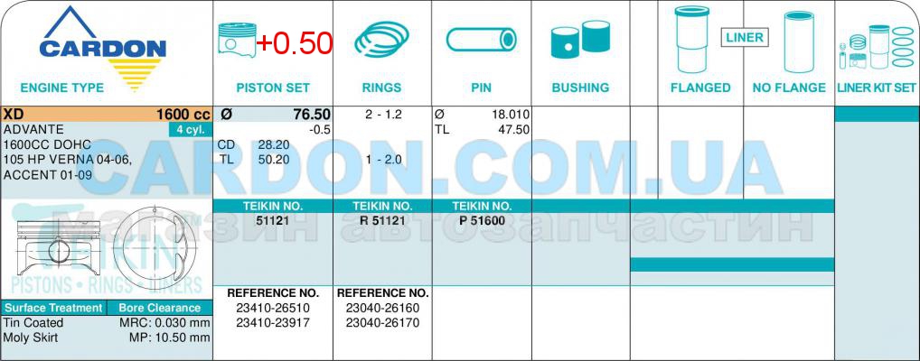   TEIKIN 76.50 mm + 0.50 = 77.00 mm (1.2 X 1.2 X 2.0) Hyundai XD -  3