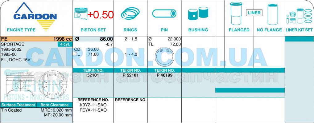   TEIKIN 86.00 mm + 0.50 = 86.50 mm (1.5 X 1.5 X 4.0) Kia -  3