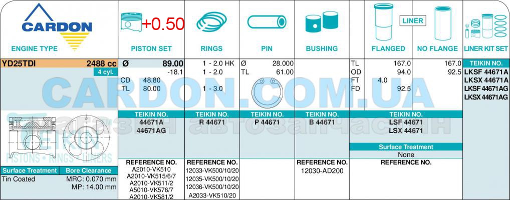   -    TEIKIN 89.00 mm + 0.50 = 89.50 mm (2.0-2.0-3.0) NISSAN 2.5 YD25TDI ALFIN GALLERY -  2