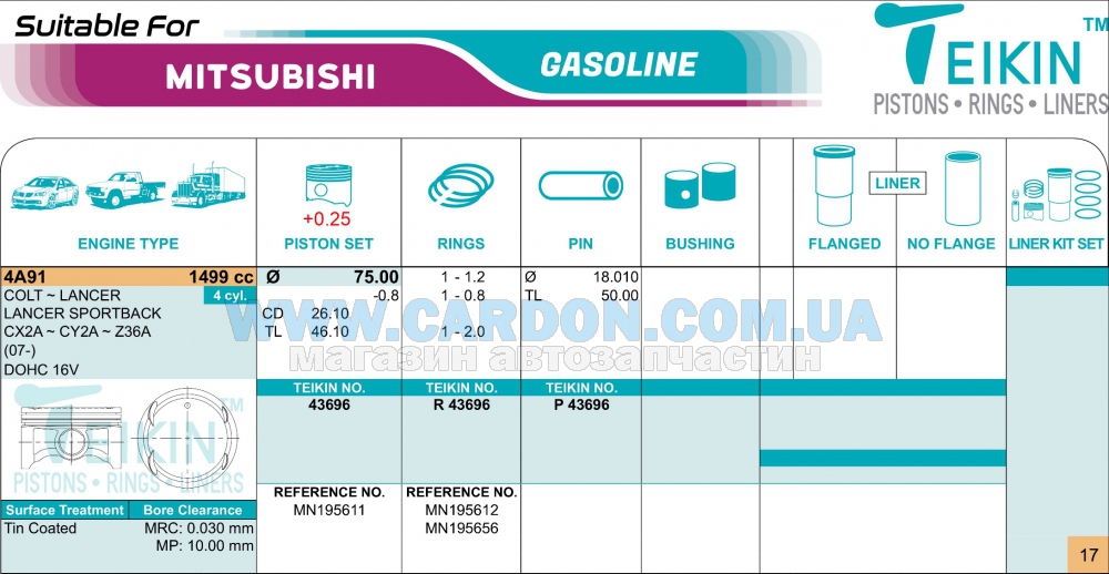 43696025 - ������  +0.25mm  (�-�� �� �����) Mitsubishi Lancer 1.5L (4A91) TEIKIN