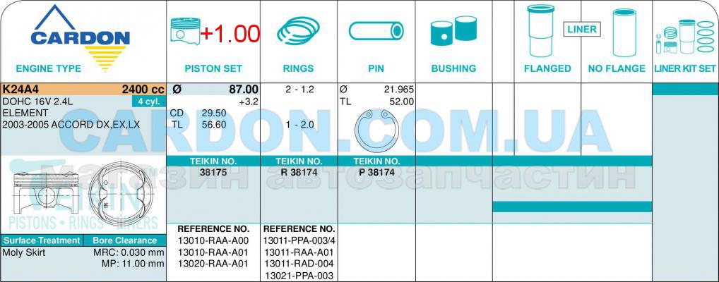   -    TEIKIN 87.00 mm + 1.00 = 88.00 mm (1.2-1.2-2.0) HONDA K24A4 / K24Z4 -  2