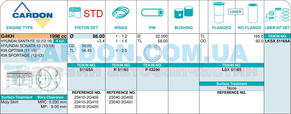   TEIKIN STD 86.00 mm (1.2 X 1.5 X 2.0) Hyundai G4KH ALFIN -  2