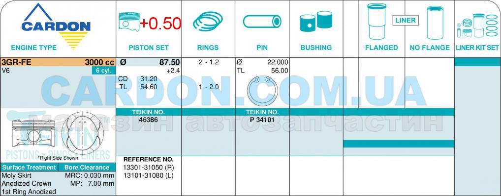   -    TEIKIN 87.50 mm + 0.50 = 88.00 mm (1.2-1.2-2.0) TOYOTA 3.0 3GR-FE -  2