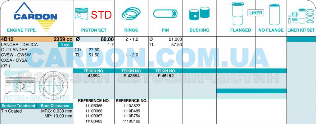   -    TEIKIN STD 88.00 mm (1.2-1.2-2.0) MITSUBISHI 4B12 -  2