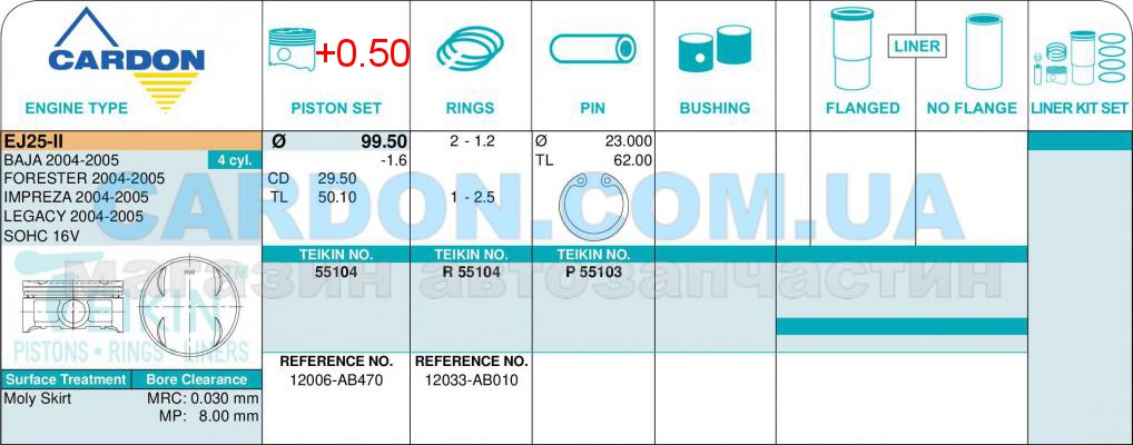   -    TEIKIN 99.50 mm + 0.50 = 100.00 mm (1.2-1.2-2.5) SUBARU EJ25-II (EJ251) -  2