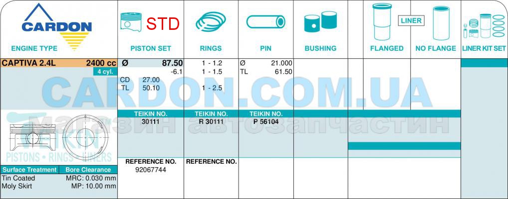   -    TEIKIN STD 87.50 mm (1.2-1.5-2.5) CHEVROLET CAPTIVA 2.4 Z24XE -  2