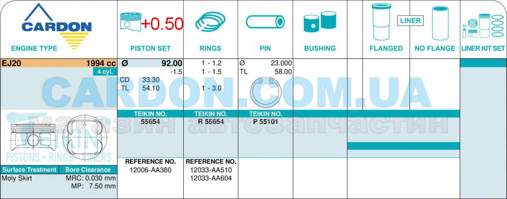   -    TEIKIN 92.00 mm + 0.50 = 92.50 mm (1.2-1.5-3.0) SUBARU 2.0 EJ20 -  2