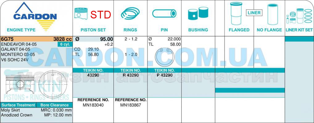   -    TEIKIN STD 95.00 mm (1.2-1.2-2.0) MITSUBISHI 6G75 -  2