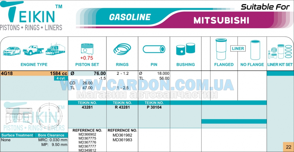 43281075 - Piston set 075 4g18 TEIKIN