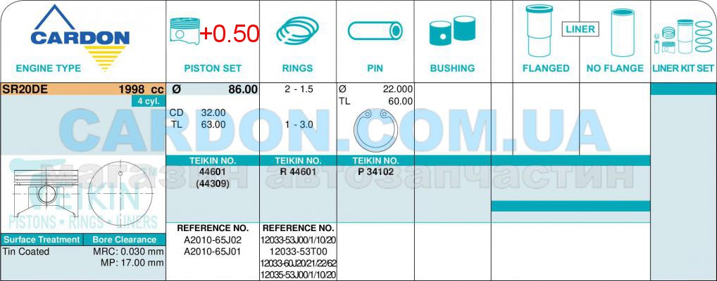   -    TEIKIN 86.00 mm + 0.50 = 86.50 mm (1.5-1.5-3.0) NISSAN 2.0 SR20DE -  2