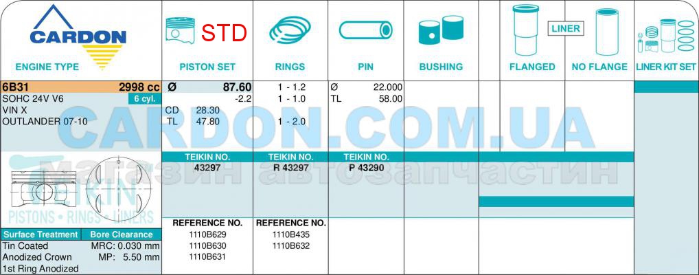   -    TEIKIN STD 87.60 mm (1.2-1.0-2.0) MITSUBISHI 3.0 6B31 -  2
