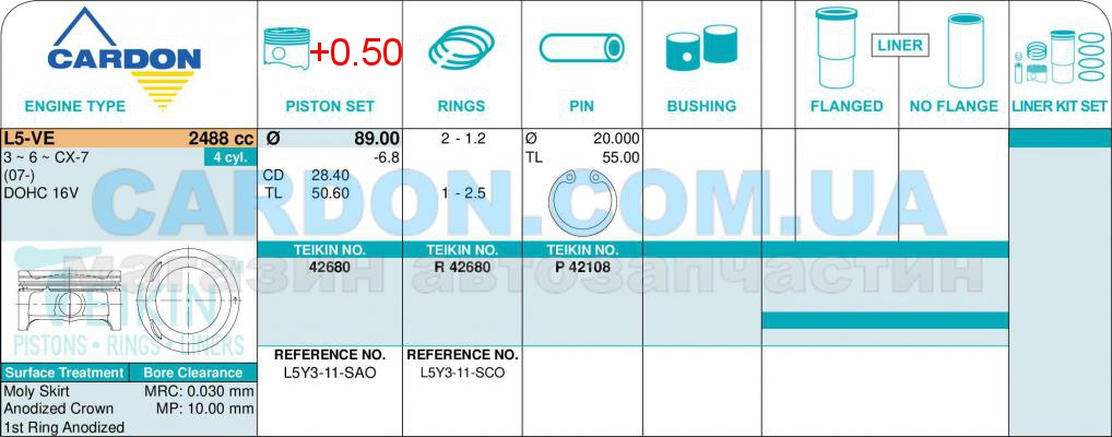   -    TEIKIN 89.00 mm + 0.50 = 89.50 mm (1.2-1.2-2.5) MAZDA 2.5 L5-VE -  2