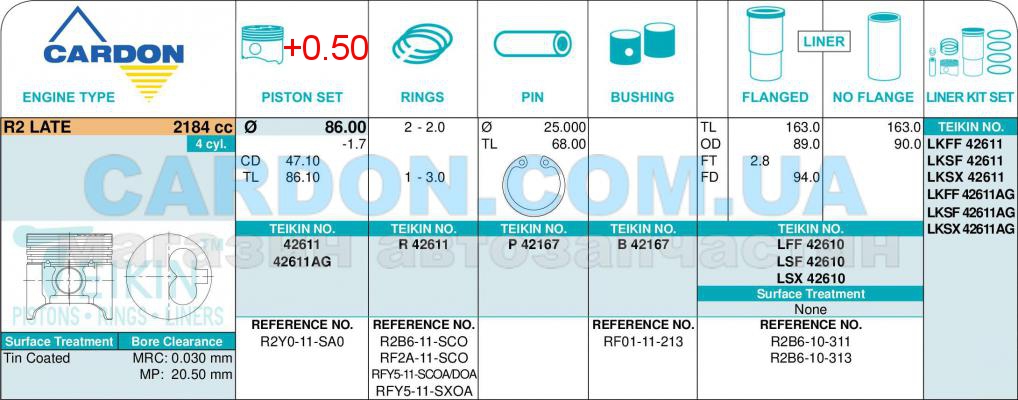   TEIKIN 86.00 mm + 0.50 = 86.50 mm (2.0 X 2.0 X 3.0) Mazda Alfin Galary R2 LATE -  2