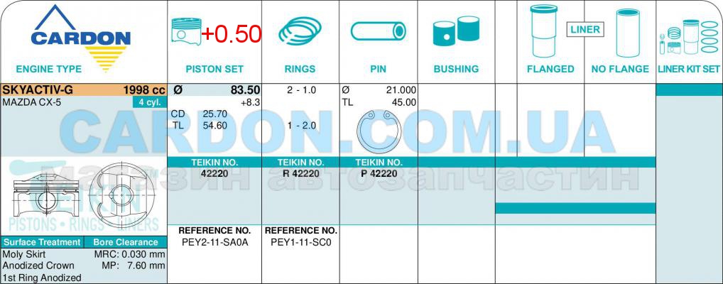   TEIKIN 83.50 mm + 0.50 = 84.00 mm (1.0 X 1.0 X 2.0) MAZDA -  2