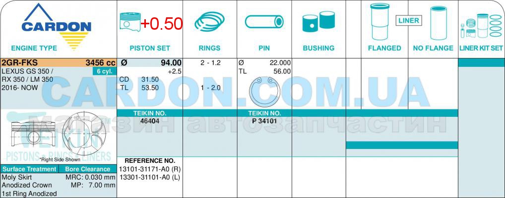   TEIKIN 94.00 mm + 0.50 = 94.50 mm (1.2 X 1.2 X 2.0) TOYOTA / LEXUS 2GR-FKS -  2
