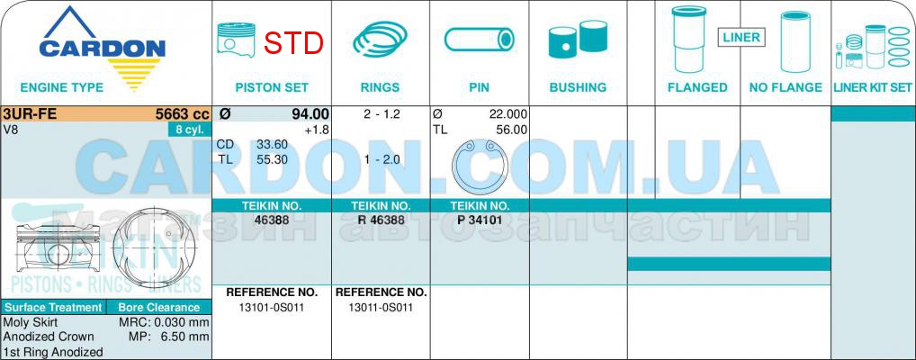   -    TEIKIN STD 94.00 mm (1.2-1.2-2.0) TOYOTA 5.7 3UR-FE -  2