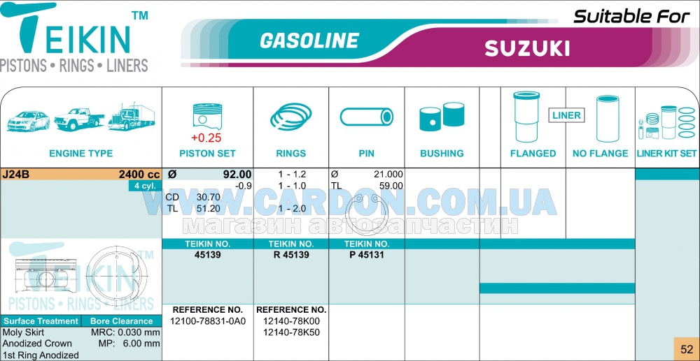 45139025 - ������ ��������� 92mm +0.25mm (�-�� �� �����) Suzuki Grand Vitara J24B, Kiz TEIKIN