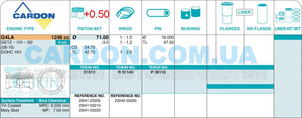   -    TEIKIN 71.00 mm + 0.50 = 71.50 mm (1.0-1.2-2.0) HYUNDAI 1.2 G4LA -  2