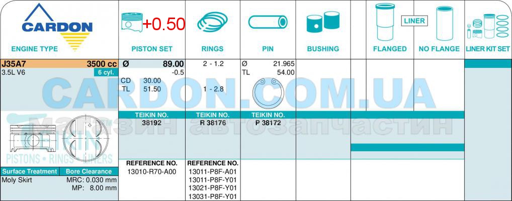   -    TEIKIN 89.00 mm + 0.50 = 89.50 mm (1.2-1.2-2.8) HONDA 3.5 J35A7 -  2