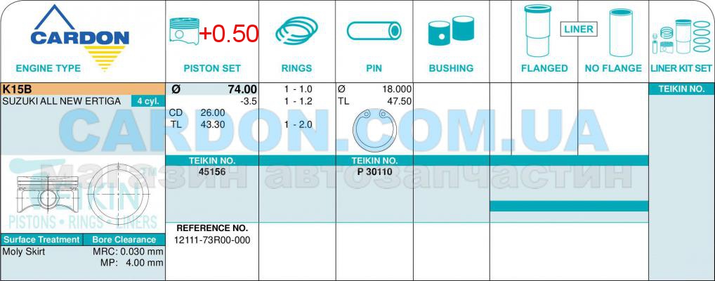   -    TEIKIN 74.00 mm + 0.50 = 74.50 mm (1.0-1.2-2.0) SUZUKI 2.0 K15B -  3