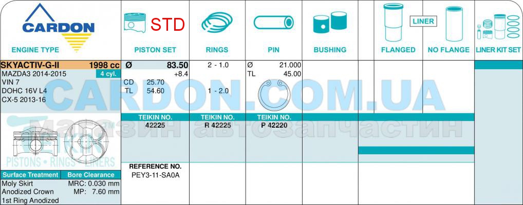   -    TEIKIN STD 83.50 mm (1.0-1.0-2.0) MAZDA 2.0 SKYACTIV-G-II -  2
