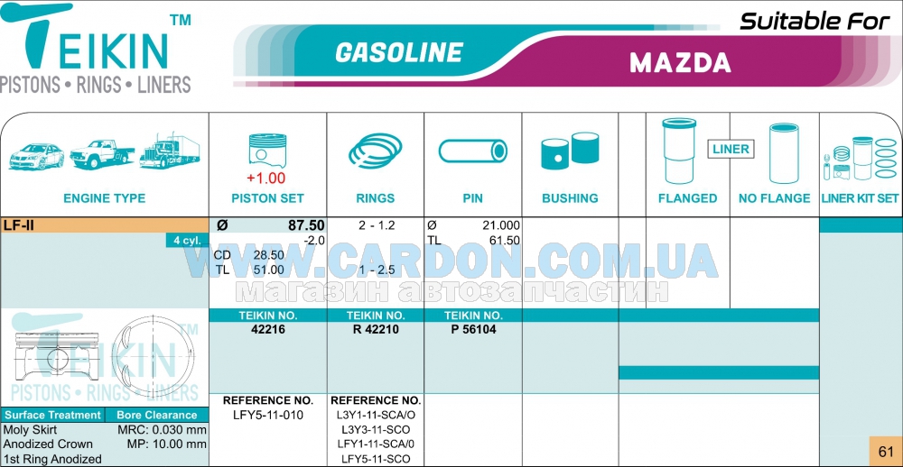 42216100 - ������ +1.00mm (�-�� �� �����) Mazda6 GH 2.0 TEIKIN