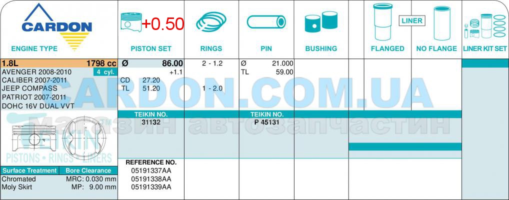   TEIKIN 86.00 mm + 0.50 = 86.50 mm (1.2 X 1.2 X 2.0) CHRYSLER -  3