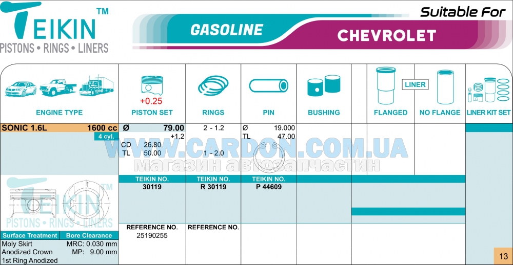 30119025 - ������ ������ (+0.25��) (�-�� �� �����) 1.6L Chevrolet Cruze, Aveo T300, Tr TEIKIN