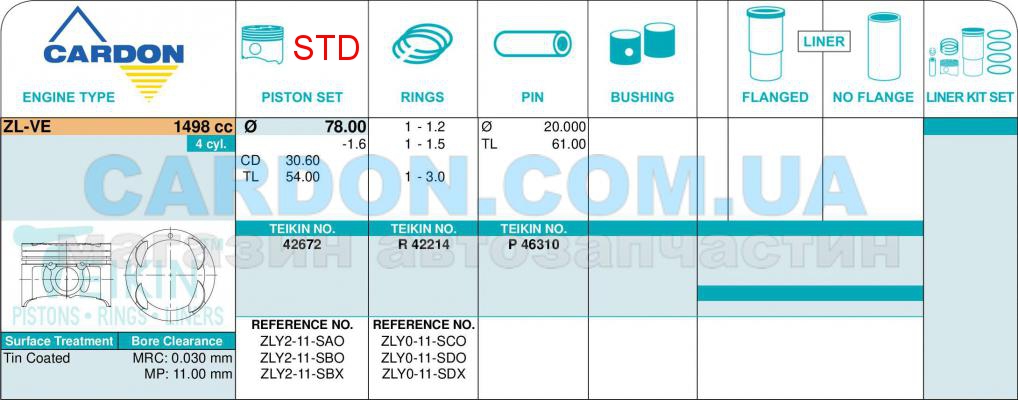   TEIKIN STD 78.00 mm (1.2 X 1.5 X 3.0) MAZDA ZL-VE -  2