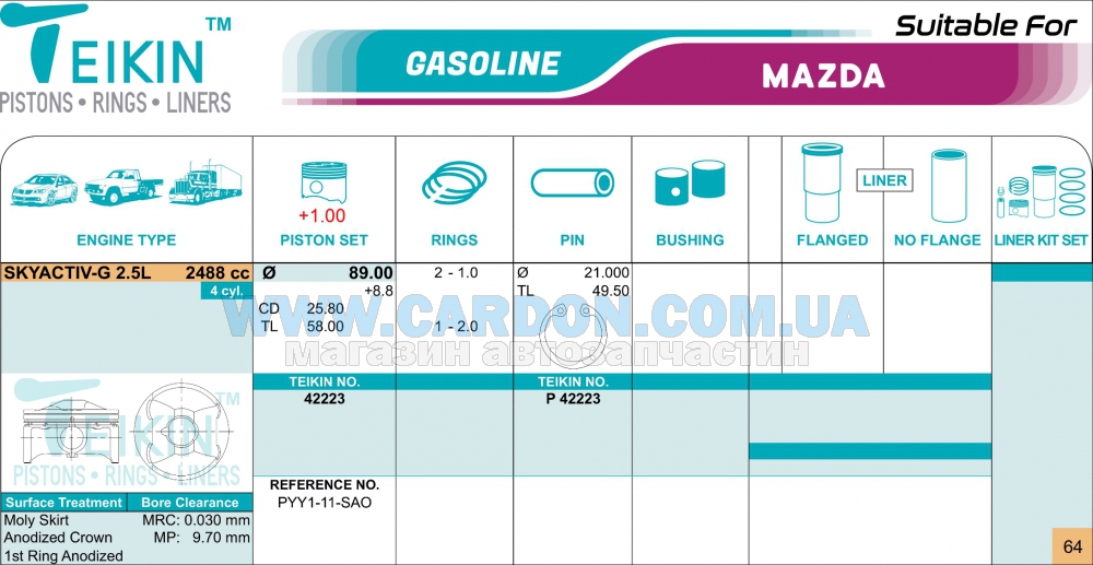 42223100 - Piston set 100 skyactivg 25l TEIKIN