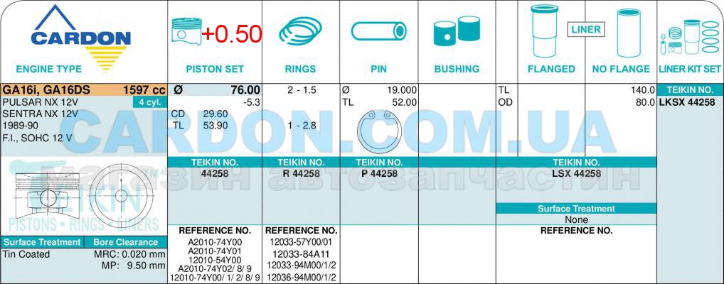   -    TEIKIN 76.00 mm + 0.50 = 76.50 mm (1.5-1.5-2.8)  NISSAN 1.6 GA16i / GA16DS -  3