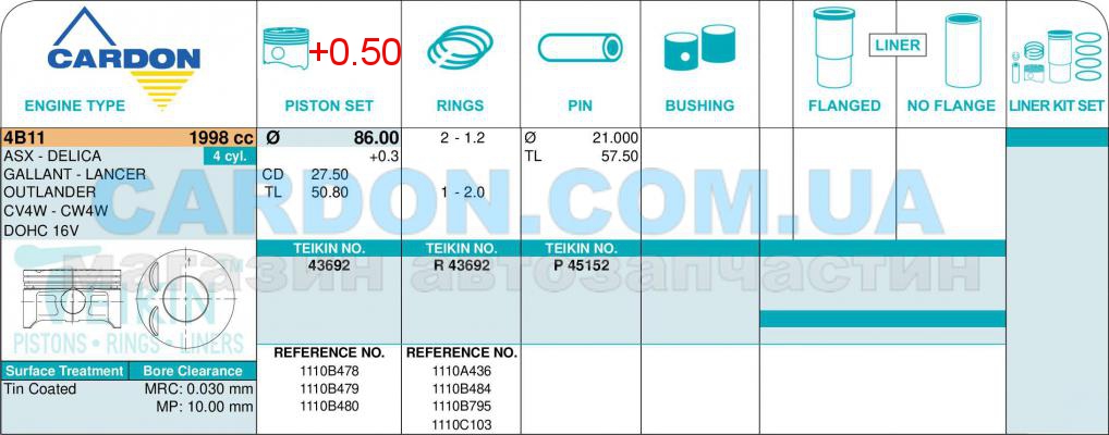   -    TEIKIN 86.00 mm + 0.50 = 86.50 mm (1.2-1.2-2.0) MITSUBISHI  4B11 -  2