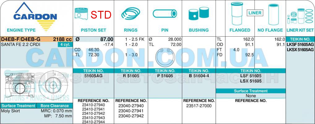   -    TEIKIN STD 87.00 mm (2.5-2.0-3.0) HYUNDAI/KIA D4EB ALFIN GALLERY -  2