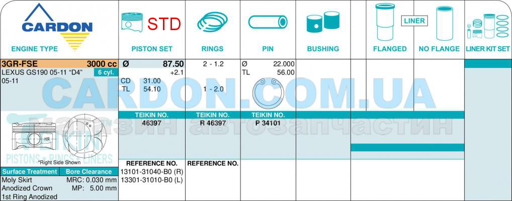   -    TEIKIN STD 87.50 mm (1.2-1.2-2.0) TOYOTA 3.0 3GR-FSE -  2
