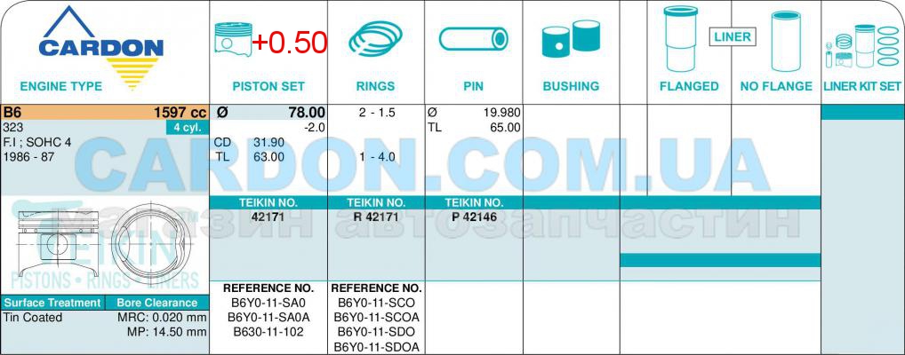   -    TEIKIN 78.00 mm + 0.50 = 78.50 mm (1.5-1.5-4.0) mazda 1.6L B6 -  2