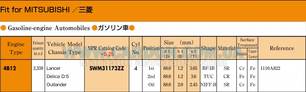 SWM31173ZZ025 - ������ ��������� +0.25mm (�-�� �� �����) 4B12 Mitsubishi Outlander XL 2.4   NPR