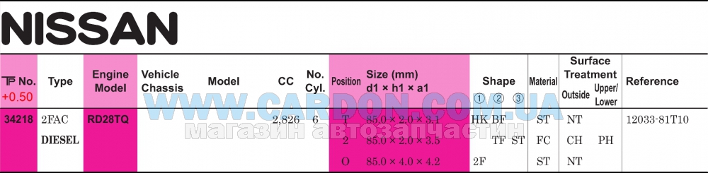 34218050 - ������ ��������� +0.50mm (�-�� �� �����) RD28TI (2Kx2x4) Patrol TP