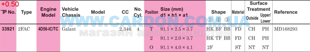 ʳ  TP 91.10 mm + 0.50 = 91.60 mm (2.5 X 2.0 X 4.0) Toyota 4D56IC/TC(MD168293) T&2nd:HK -  2