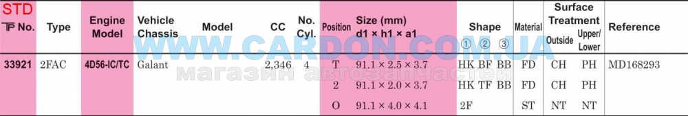 ʳ  TP STD 91.10 mm (2.5 X 2.0 X 4.0) Toyota 4D56IC/TC(MD168293) T&2nd:HK -  2