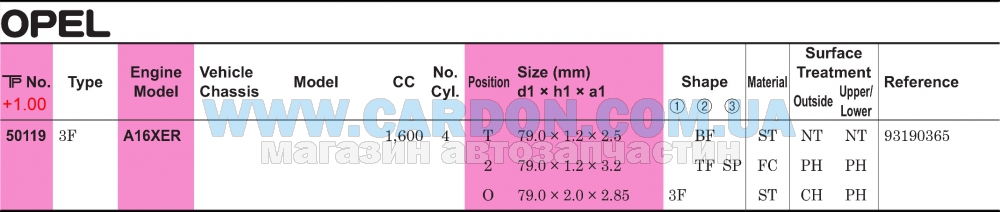 50119100 - ������ +1.00mm (�-�� �� �����) Opel A16XER,Z16XER,Z16XEP,F16D4,LDE Aveo T30 TP