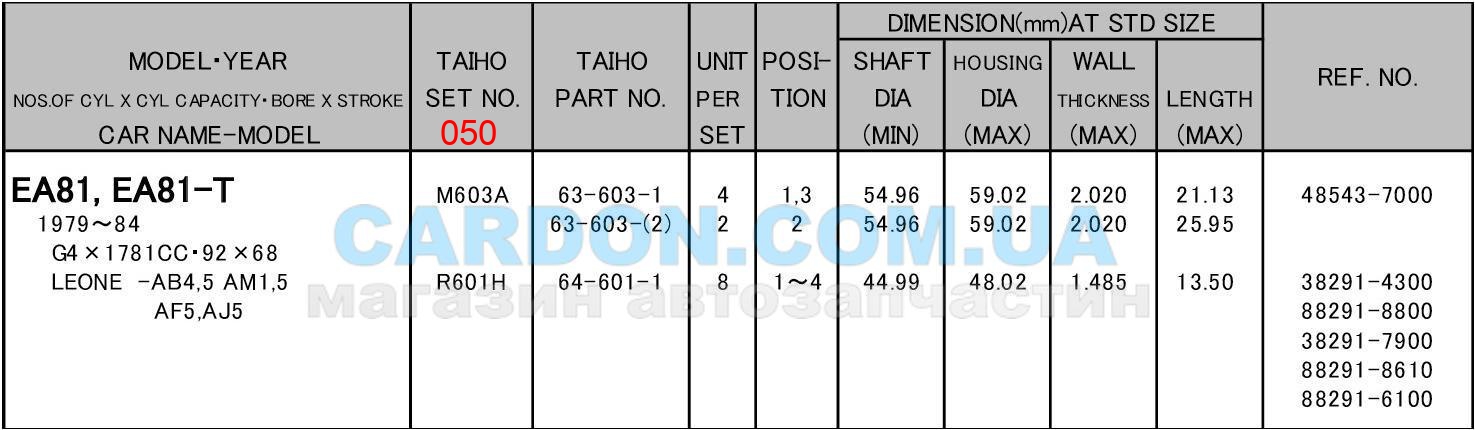   TAIHO 050 SUBARU LEONE - EA62 (1.3) / EA63 (1.4) / EA64 (1.2) / EA71 (1.6) / EA65 (1.3) / EA81 (1.8) / EA81-T (1.8) -  3